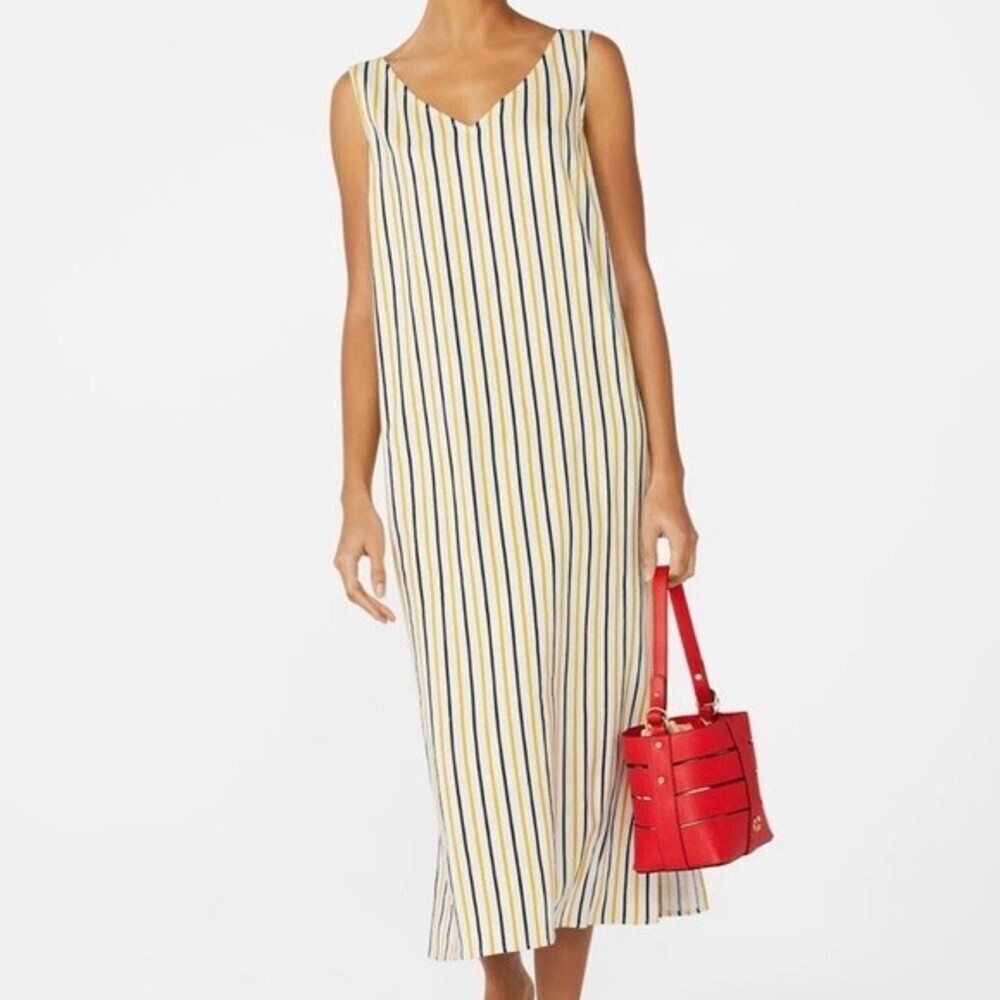 C Wonder Linen Blend V-Neck Contemporary Coastal Casual Midi Dress NWT